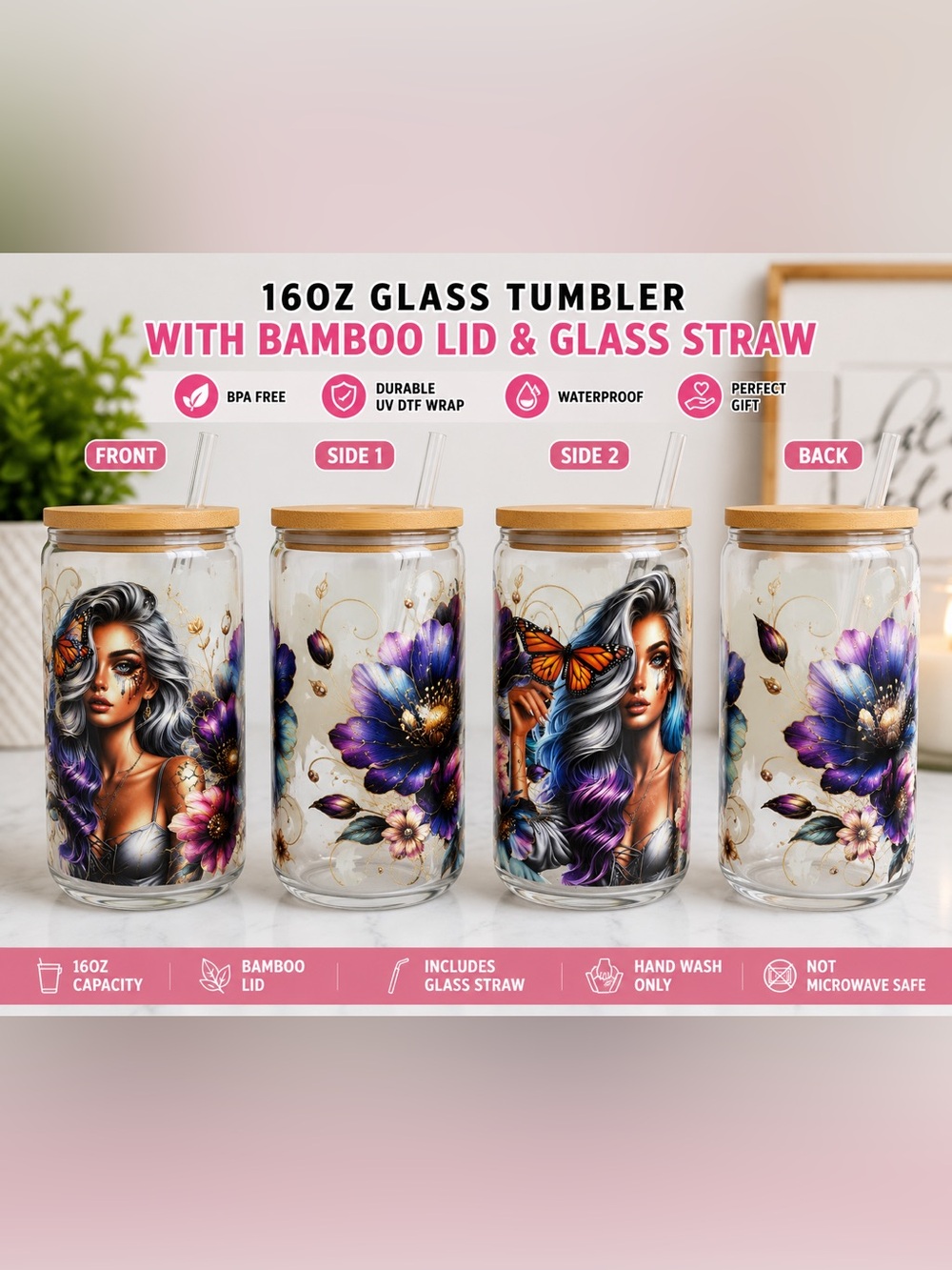 16oz Floral Fantasy Glass Tumbler | Butterfly Woman